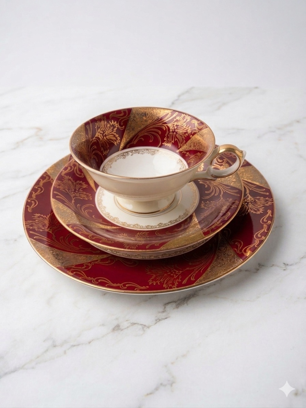 Vintage Bavaria Red & Gold Porcelain Trio Tea Set Alka Kunst Gold Encrusted 3pc
